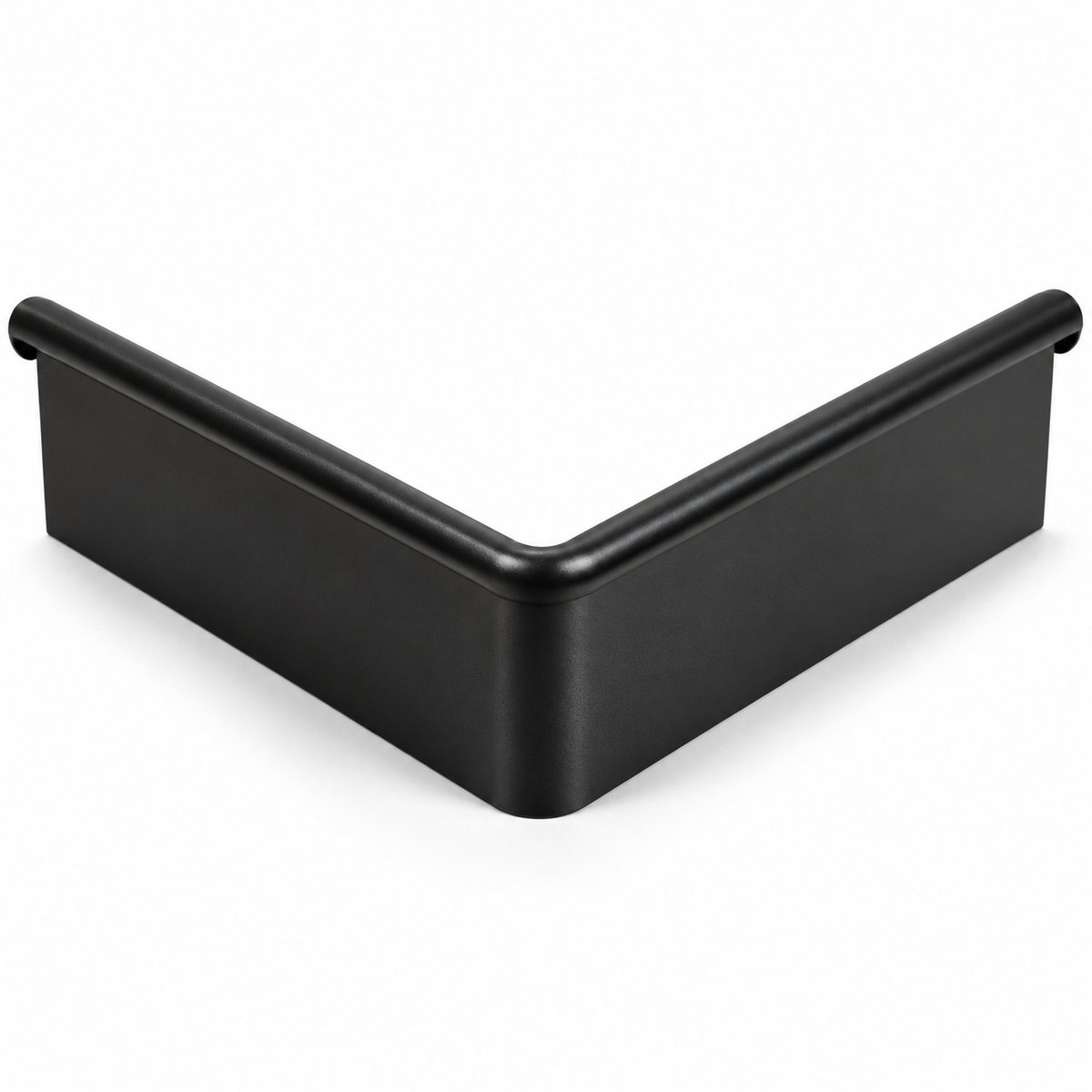 Illustrative render of one black 90-degree garden edging lip-in corner on a white background