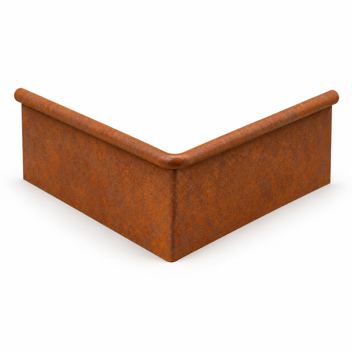 Illustrative render of one Redcor 90-degree garden edging lip-in corner on a white background
