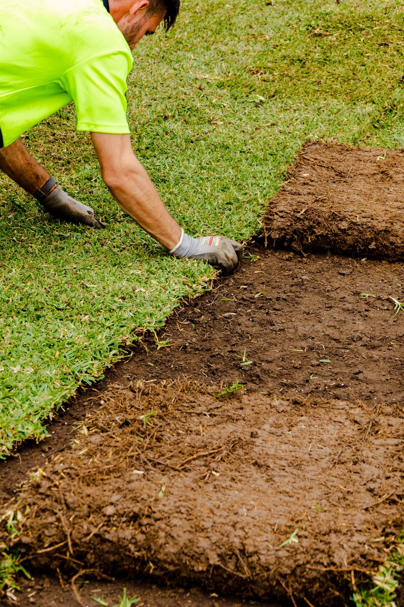 Person laying sod on a grassy area