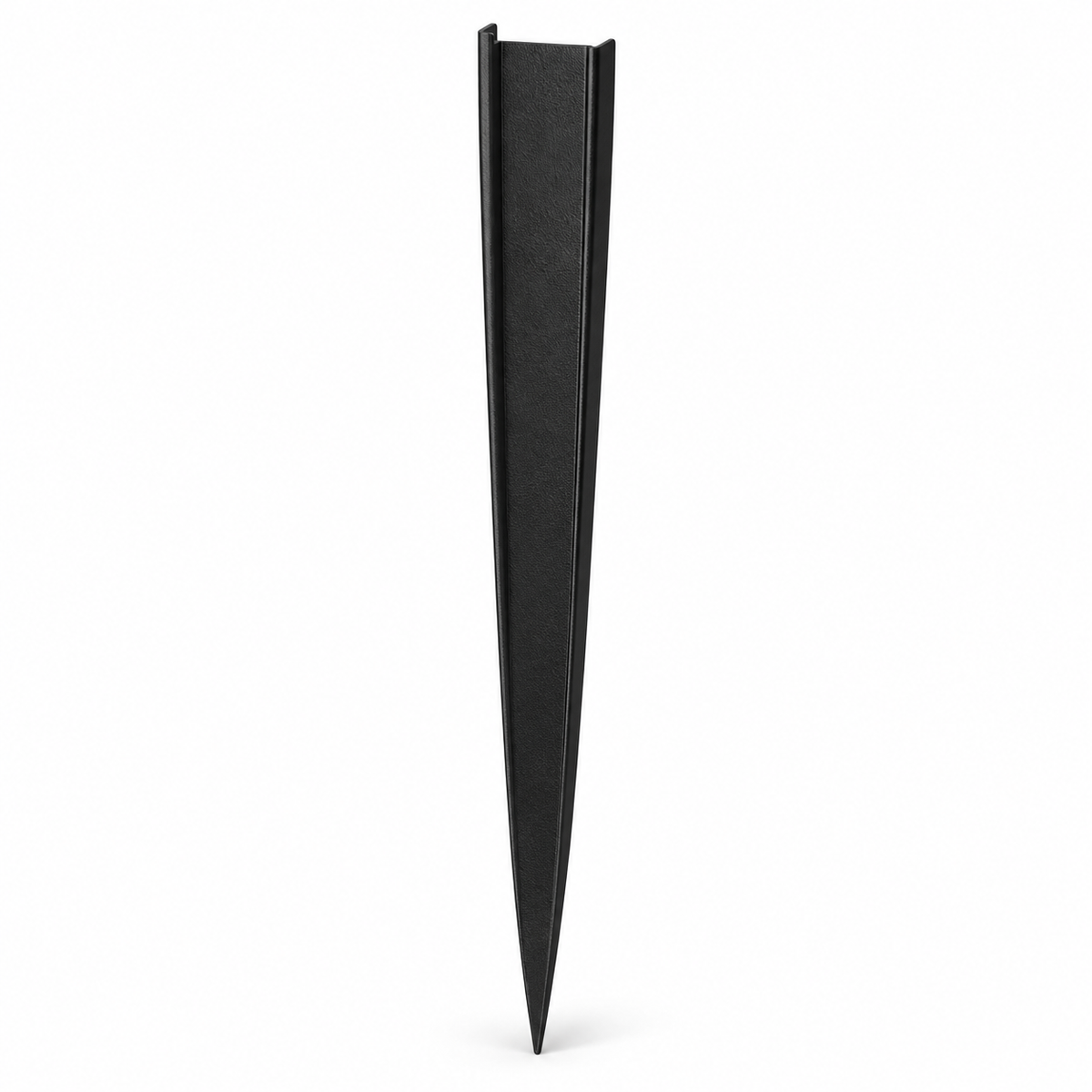Illustrative render of one black tapered garden edging stake on a white background